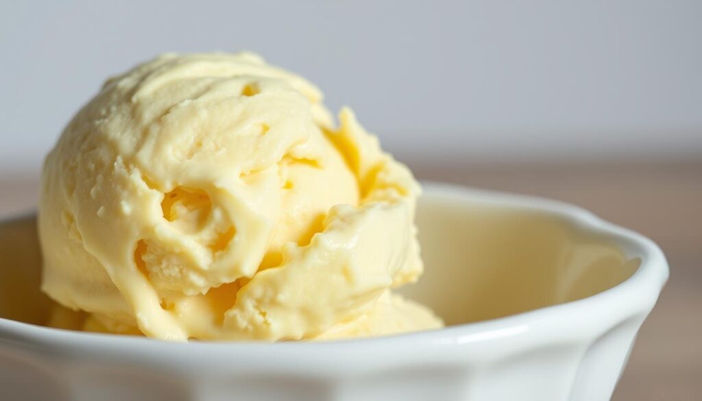 A close-up view of a freshly scooped serving of banana pudding ice cream, its creamy texture and pale yellow hue illuminated by soft, diffused lighting. The ice cream is presented against a backdrop of a clean, white porcelain dish, highlighting its decadent appearance. The composition emphasizes the nutrition information panel, clearly visible and legible, providing detailed macronutrient data and dietary adaptations for health-conscious consumers. The overall mood is one of appetizing indulgence balanced by an informative, educational tone suitable for the article's subject matter. A close-up view of a freshly scooped serving of banana pudding ice cream, its creamy texture and pale yellow hue illuminated by soft, diffused lighting. The ice cream is presented against a backdrop of a clean, white porcelain dish, highlighting its decadent appearance. The composition emphasizes the nutrition information panel, clearly visible and legible, providing detailed macronutrient data and dietary adaptations for health-conscious consumers. The overall mood is one of appetizing indulgence balanced by an informative, educational tone suitable for the article's subject matter.