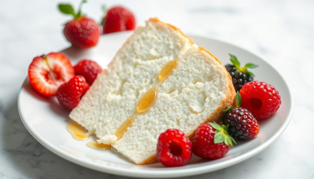 A delicate, artfully arranged plate featuring a slice of angel food cake, surrounded by a selection of fresh, vibrant berries and a drizzle of honey. The cake's airy, cloud-like texture contrasts with the juicy, tart berries, creating a visually appealing and healthful dessert option. Soft, diffused lighting highlights the natural colors and textures, lending a serene, inviting atmosphere. The composition emphasizes the delicate, wholesome nature of the dessert, suggesting it could be a viable addition to a balanced, nutritious lifestyle. A delicate, artfully arranged plate featuring a slice of angel food cake, surrounded by a selection of fresh, vibrant berries and a drizzle of honey. The cake's airy, cloud-like texture contrasts with the juicy, tart berries, creating a visually appealing and healthful dessert option. Soft, diffused lighting highlights the natural colors and textures, lending a serene, inviting atmosphere. The composition emphasizes the delicate, wholesome nature of the dessert, suggesting it could be a viable addition to a balanced, nutritious lifestyle.