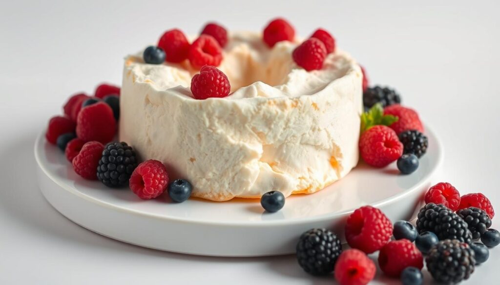 A delightfully airy and fluffy angel food cake, resting on a pristine white platter. Garnished with an array of fresh, juicy berries - plump raspberries, tart blackberries, and vibrant blueberries - artfully arranged around the cake. The cake is bathed in soft, diffused lighting, casting gentle shadows and highlights that accentuate its pillowy texture. In the background, a clean, minimalist backdrop provides a serene, uncluttered canvas, allowing the cake and its accompaniments to be the focal point. The overall scene radiates a sense of lightness, simplicity, and the pure, unadulterated joy of indulging in a slice of this delectable dessert. A delightfully airy and fluffy angel food cake, resting on a pristine white platter. Garnished with an array of fresh, juicy berries - plump raspberries, tart blackberries, and vibrant blueberries - artfully arranged around the cake. The cake is bathed in soft, diffused lighting, casting gentle shadows and highlights that accentuate its pillowy texture. In the background, a clean, minimalist backdrop provides a serene, uncluttered canvas, allowing the cake and its accompaniments to be the focal point. The overall scene radiates a sense of lightness, simplicity, and the pure, unadulterated joy of indulging in a slice of this delectable dessert.