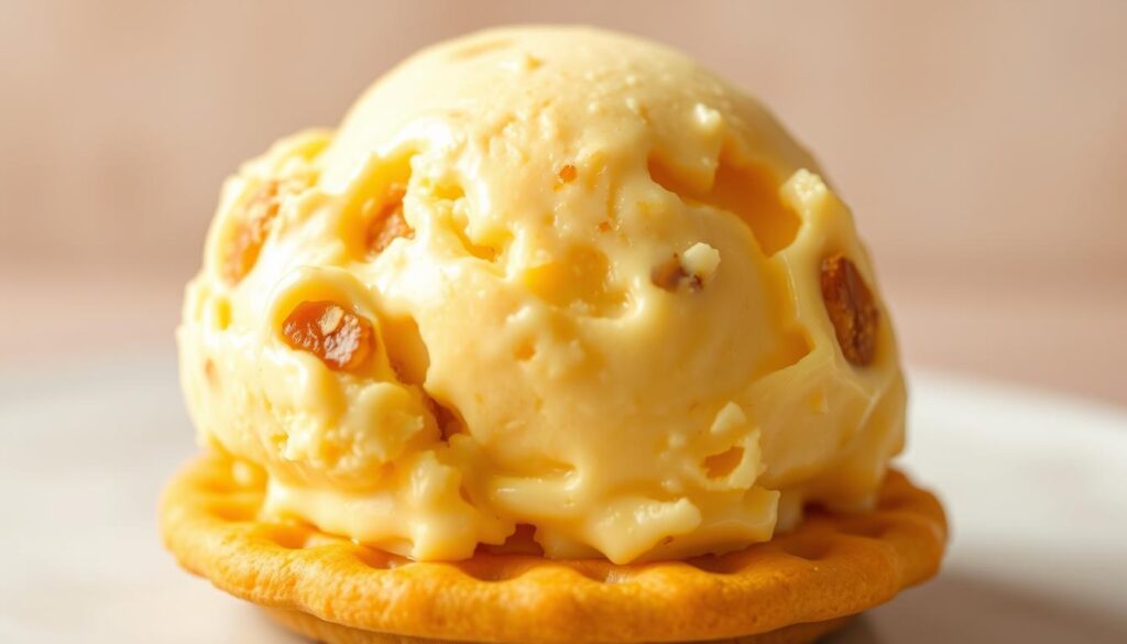 A luscious scoop of no-churn banana pudding ice cream, its creamy texture glistening under soft, natural lighting. The vibrant yellow-orange hue of the banana custard swirls through the frozen cream, dotted with caramelized banana pieces and a hint of vanilla. Sitting atop a crisp, golden wafer cookie, the ice cream is framed by a background of soft, muted tones, evoking the comforting nostalgia of a classic dessert. The image captures the rich, indulgent essence of this homemade, no-fuss ice cream alternative, perfect for savoring the flavors of banana pudding. A luscious scoop of no-churn banana pudding ice cream, its creamy texture glistening under soft, natural lighting. The vibrant yellow-orange hue of the banana custard swirls through the frozen cream, dotted with caramelized banana pieces and a hint of vanilla. Sitting atop a crisp, golden wafer cookie, the ice cream is framed by a background of soft, muted tones, evoking the comforting nostalgia of a classic dessert. The image captures the rich, indulgent essence of this homemade, no-fuss ice cream alternative, perfect for savoring the flavors of banana pudding.