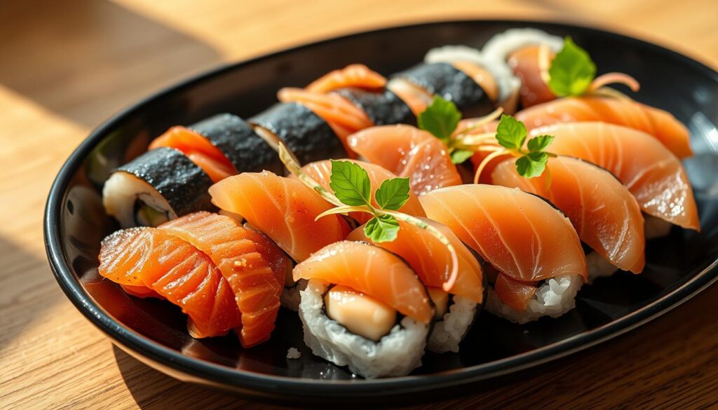 A platter of low-carb sushi rolls, featuring slices of fresh salmon, tuna, and yellowtail, artfully arranged on a black lacquered plate. The fish is delicately seasoned with a hint of soy sauce and garnished with thin strips of pickled ginger and sprigs of vibrant green shiso leaves. The rolls are tightly wrapped in nori sheets, with a minimal amount of sushi rice, creating a visually appealing and diabetes-friendly presentation. The scene is captured in a warm, natural light, casting soft shadows and highlighting the vibrant colors of the ingredients. The overall mood is one of simplicity, freshness, and health-consciousness, perfectly suited to illustrate the role of fish in sushi for diabetics. A platter of low-carb sushi rolls, featuring slices of fresh salmon, tuna, and yellowtail, artfully arranged on a black lacquered plate. The fish is delicately seasoned with a hint of soy sauce and garnished with thin strips of pickled ginger and sprigs of vibrant green shiso leaves. The rolls are tightly wrapped in nori sheets, with a minimal amount of sushi rice, creating a visually appealing and diabetes-friendly presentation. The scene is captured in a warm, natural light, casting soft shadows and highlighting the vibrant colors of the ingredients. The overall mood is one of simplicity, freshness, and health-consciousness, perfectly suited to illustrate the role of fish in sushi for diabetics.