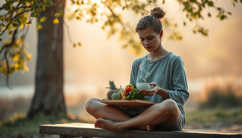 A serene and mindful moment captured in a natural setting. A person sits cross-legged on a wooden bench, their gaze focused intently on a simple, healthy meal of fresh greens, colorful vegetables, and a steaming cup of tea. Soft, diffused lighting filters through the branches of a nearby tree, casting a warm, golden glow. The background is blurred, creating a sense of tranquility and isolation, allowing the viewer to fully immerse themselves in the act of conscious, nourishing consumption. The figure's posture and facial expression convey a sense of calm, present engagement, embodying the principles of mindful eating. A serene and mindful moment captured in a natural setting. A person sits cross-legged on a wooden bench, their gaze focused intently on a simple, healthy meal of fresh greens, colorful vegetables, and a steaming cup of tea. Soft, diffused lighting filters through the branches of a nearby tree, casting a warm, golden glow. The background is blurred, creating a sense of tranquility and isolation, allowing the viewer to fully immerse themselves in the act of conscious, nourishing consumption. The figure's posture and facial expression convey a sense of calm, present engagement, embodying the principles of mindful eating.