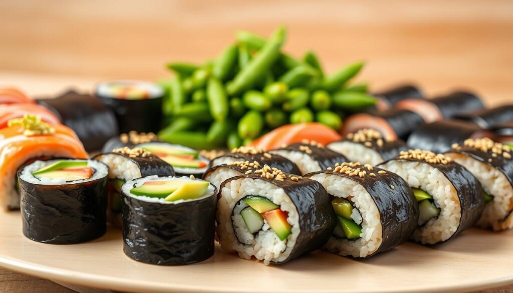 A sleek and minimalist sushi platter showcasing an assortment of diabetic-friendly options. In the foreground, delicate rolls of brown rice wrapped in nori, meticulously arranged with julienned cucumber, avocado slices, and a scattering of toasted sesame seeds. In the middle ground, a mound of vibrant edamame, their fresh green pods glistening under soft, diffused lighting. The background features a simple, uncluttered wooden surface, allowing the sushi to take center stage. The overall composition exudes a sense of balance, health, and elegance, perfectly capturing the essence of "Choosing the Right Sushi for Diabetics". A sleek and minimalist sushi platter showcasing an assortment of diabetic-friendly options. In the foreground, delicate rolls of brown rice wrapped in nori, meticulously arranged with julienned cucumber, avocado slices, and a scattering of toasted sesame seeds. In the middle ground, a mound of vibrant edamame, their fresh green pods glistening under soft, diffused lighting. The background features a simple, uncluttered wooden surface, allowing the sushi to take center stage. The overall composition exudes a sense of balance, health, and elegance, perfectly capturing the essence of "Choosing the Right Sushi for Diabetics".