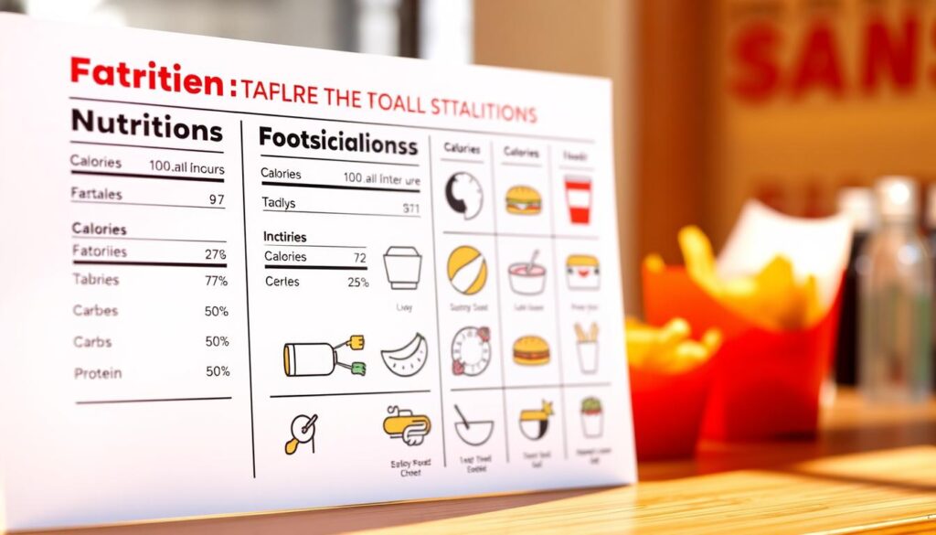 A vibrant, minimalist infographic showcasing the nutritional facts of various fast food items. In the foreground, a clean, white backdrop with bold, easy-to-read labels and numeric values highlighting key metrics like calories, fat, carbs, and protein. In the middle ground, sleek, stylized icons representing different fast food menu items, arranged in a visually-pleasing grid layout. The background features a subtle, blurred pattern or texture, adding depth and visual interest without distracting from the main elements. Warm, natural lighting casts a soft, inviting glow, emphasizing the clarity and simplicity of the design. The overall composition strikes a balance between informative and visually appealing, making it an impactful, attention-grabbing illustration for the "Comparing Nutritional Information of Fast Food" section. A vibrant, minimalist infographic showcasing the nutritional facts of various fast food items. In the foreground, a clean, white backdrop with bold, easy-to-read labels and numeric values highlighting key metrics like calories, fat, carbs, and protein. In the middle ground, sleek, stylized icons representing different fast food menu items, arranged in a visually-pleasing grid layout. The background features a subtle, blurred pattern or texture, adding depth and visual interest without distracting from the main elements. Warm, natural lighting casts a soft, inviting glow, emphasizing the clarity and simplicity of the design. The overall composition strikes a balance between informative and visually appealing, making it an impactful, attention-grabbing illustration for the "Comparing Nutritional Information of Fast Food" section.