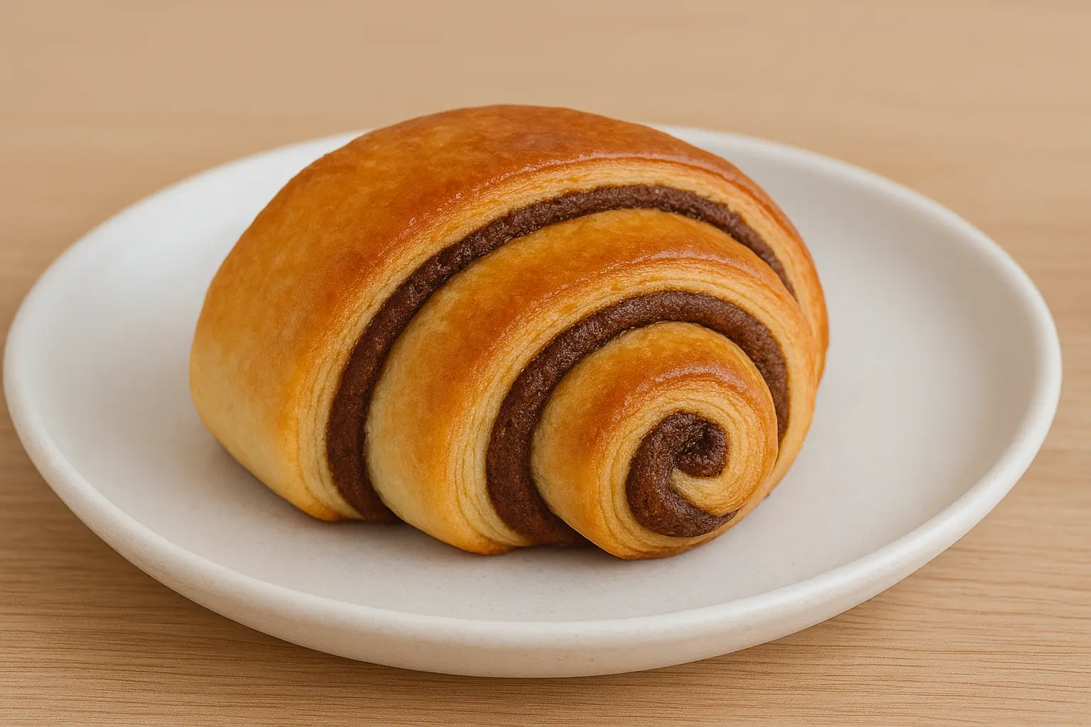 Diabetic-friendly chocolate wassant pastry with golden-brown swirls and rich dark chocolate layers, served on a white ceramic plate over a wooden background