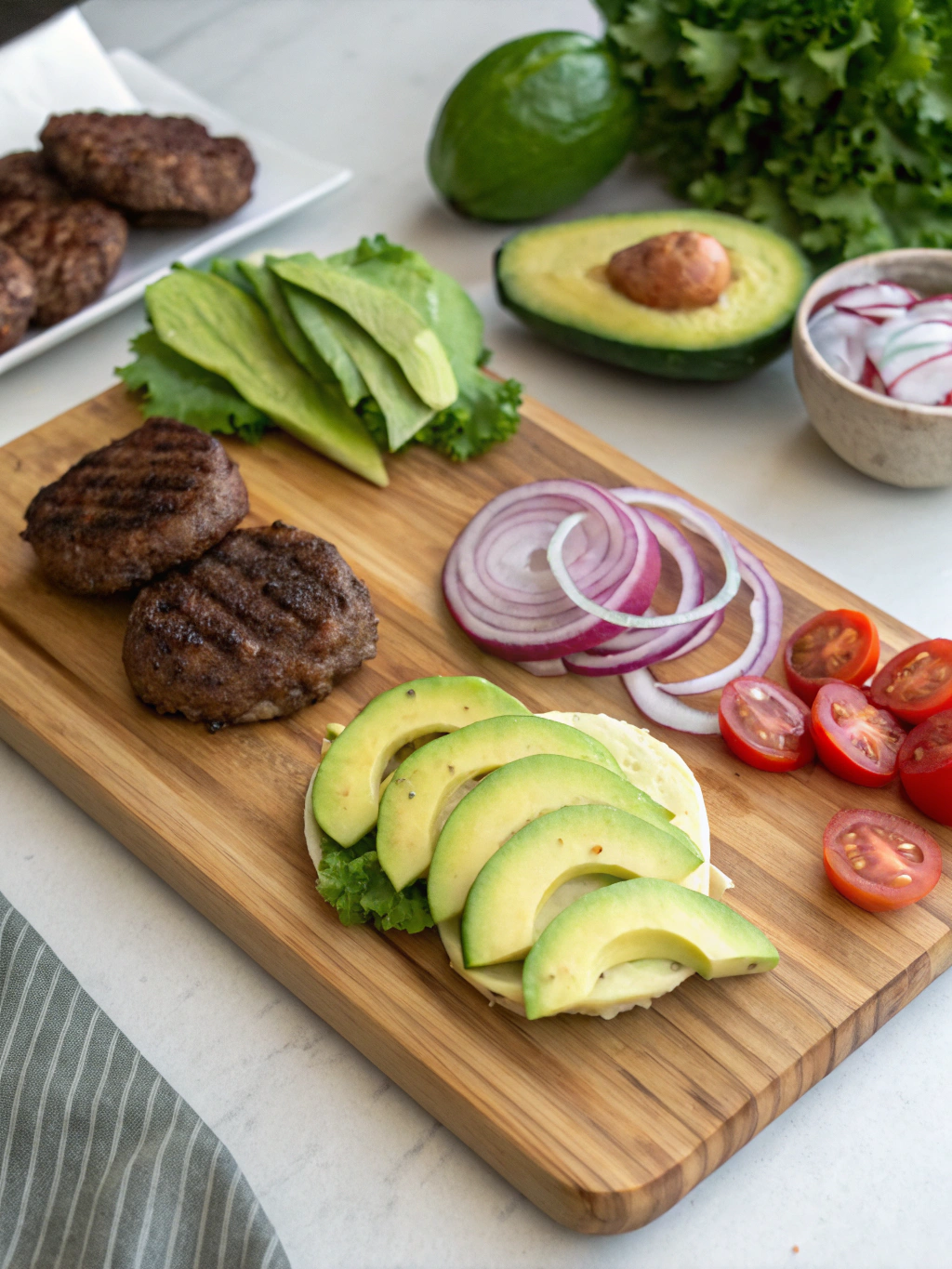 low carb avocado burger, keto avocado burger, bunless avocado burger, healthy avocado burger, avocado beef burger, lettuce wrap avocado burger recipe low carb, avocado burger, avocado turkey burger, paleo avocado burger, gluten-free avocado burger, avocado burger bowl, avocado burger ideas, low carb burger recipes