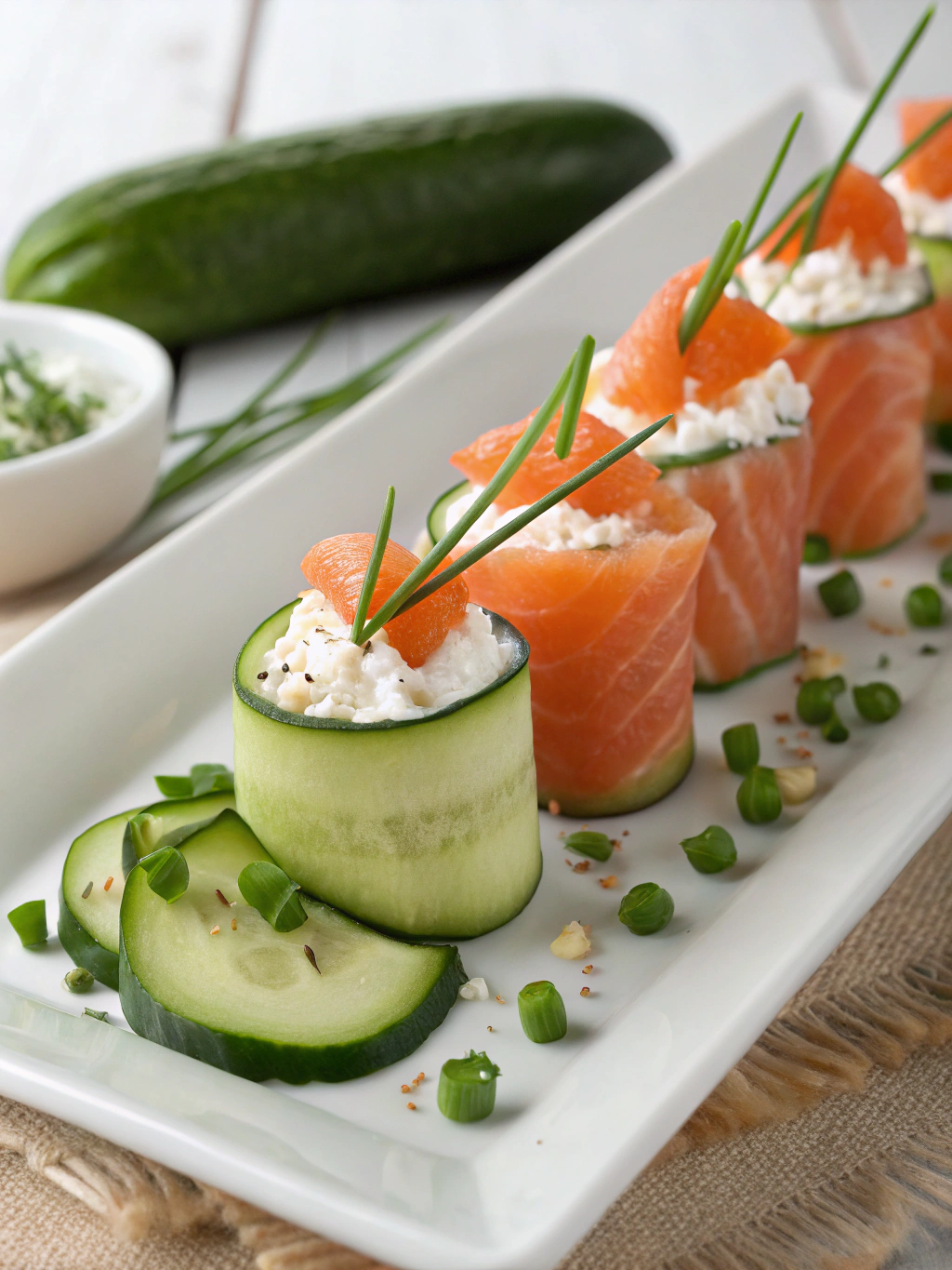 chatelaine smoked salmon roll on cucumber recipe, cucumber salmon roll, chatelaine appetizer recipe