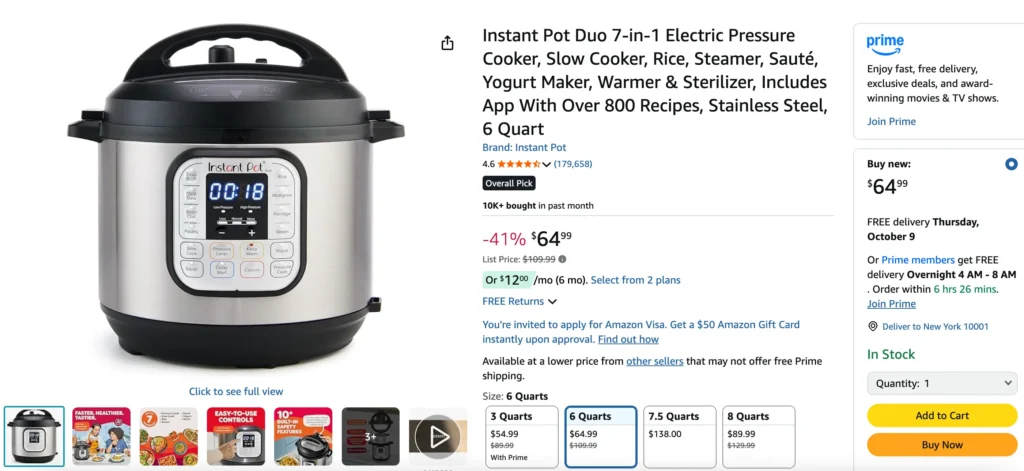 Instant Pot Duo 7-in-1 Electric Pressure Cooker, Slow Cooker, Rice, Steamer, Sauté, Yogurt Maker, Warmer & Sterilizer, Includes App With Over 800 Recipes, Stainless Steel, 6 Quart