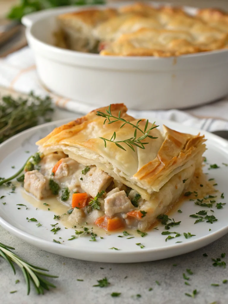 chicken pot pie filo pastry, filo chicken pot pie, light pot pie recipe, healthy chicken pie, crispy filo dinner, comfort food lightened