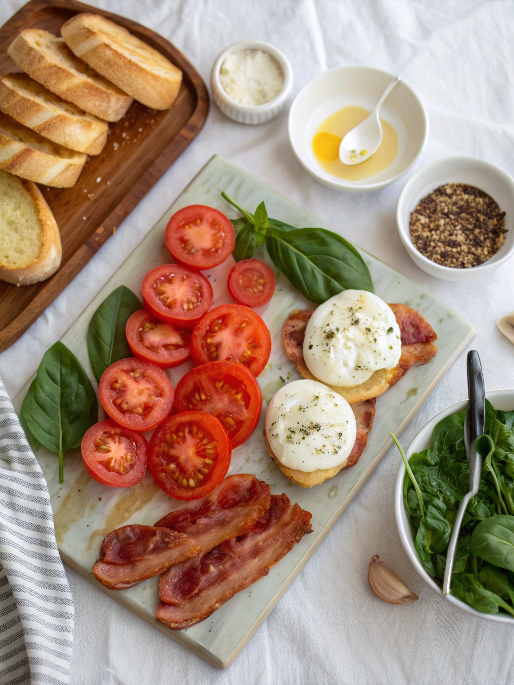 Florentine Benedict ingredients laid out on a marble countertop, florentine benedict, eggs Florentine Benedict, healthy brunch idea, spinach benedict, hollandaise recipe, gourmet breakfast