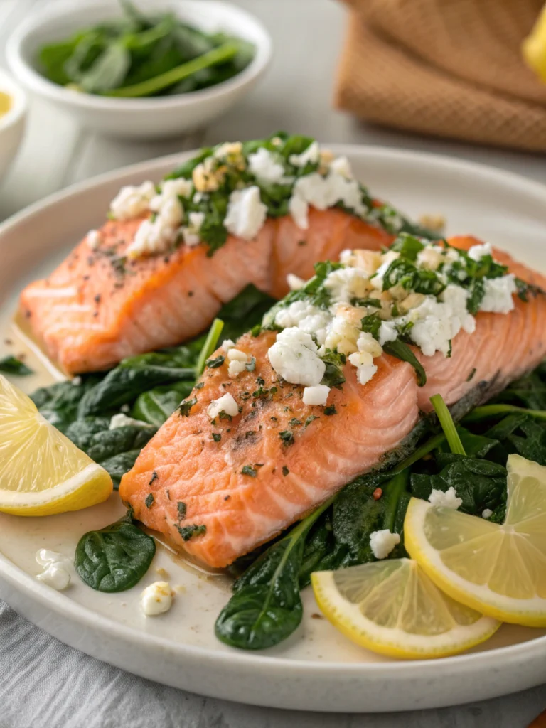 salmon with spinach and feta cheese, salmon with spinach and feta cheese, salmon with spinach and feta cheese recipe, baked salmon spinach feta, healthy salmon dinner, diabetic friendly salmon recipe, low carb salmon with spinach, salmon feta spinach skillet, Mediterranean salmon recipe, spinach feta salmon bake
