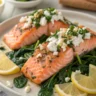 salmon with spinach and feta cheese, salmon with spinach and feta cheese, salmon with spinach and feta cheese recipe, baked salmon spinach feta, healthy salmon dinner, diabetic friendly salmon recipe, low carb salmon with spinach, salmon feta spinach skillet, Mediterranean salmon recipe, spinach feta salmon bake