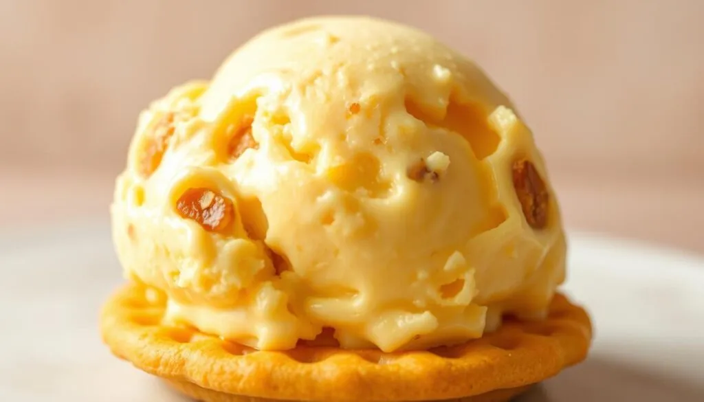A luscious scoop of no-churn banana pudding ice cream, its creamy texture glistening under soft, natural lighting. The vibrant yellow-orange hue of the banana custard swirls through the frozen cream, dotted with caramelized banana pieces and a hint of vanilla. Sitting atop a crisp, golden wafer cookie, the ice cream is framed by a background of soft, muted tones, evoking the comforting nostalgia of a classic dessert. The image captures the rich, indulgent essence of this homemade, no-fuss ice cream alternative, perfect for savoring the flavors of banana pudding. A luscious scoop of no-churn banana pudding ice cream, its creamy texture glistening under soft, natural lighting. The vibrant yellow-orange hue of the banana custard swirls through the frozen cream, dotted with caramelized banana pieces and a hint of vanilla. Sitting atop a crisp, golden wafer cookie, the ice cream is framed by a background of soft, muted tones, evoking the comforting nostalgia of a classic dessert. The image captures the rich, indulgent essence of this homemade, no-fuss ice cream alternative, perfect for savoring the flavors of banana pudding.